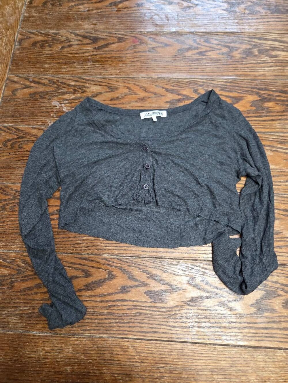 Joah Brown super crop button cardigan in dark grey ribbed one size